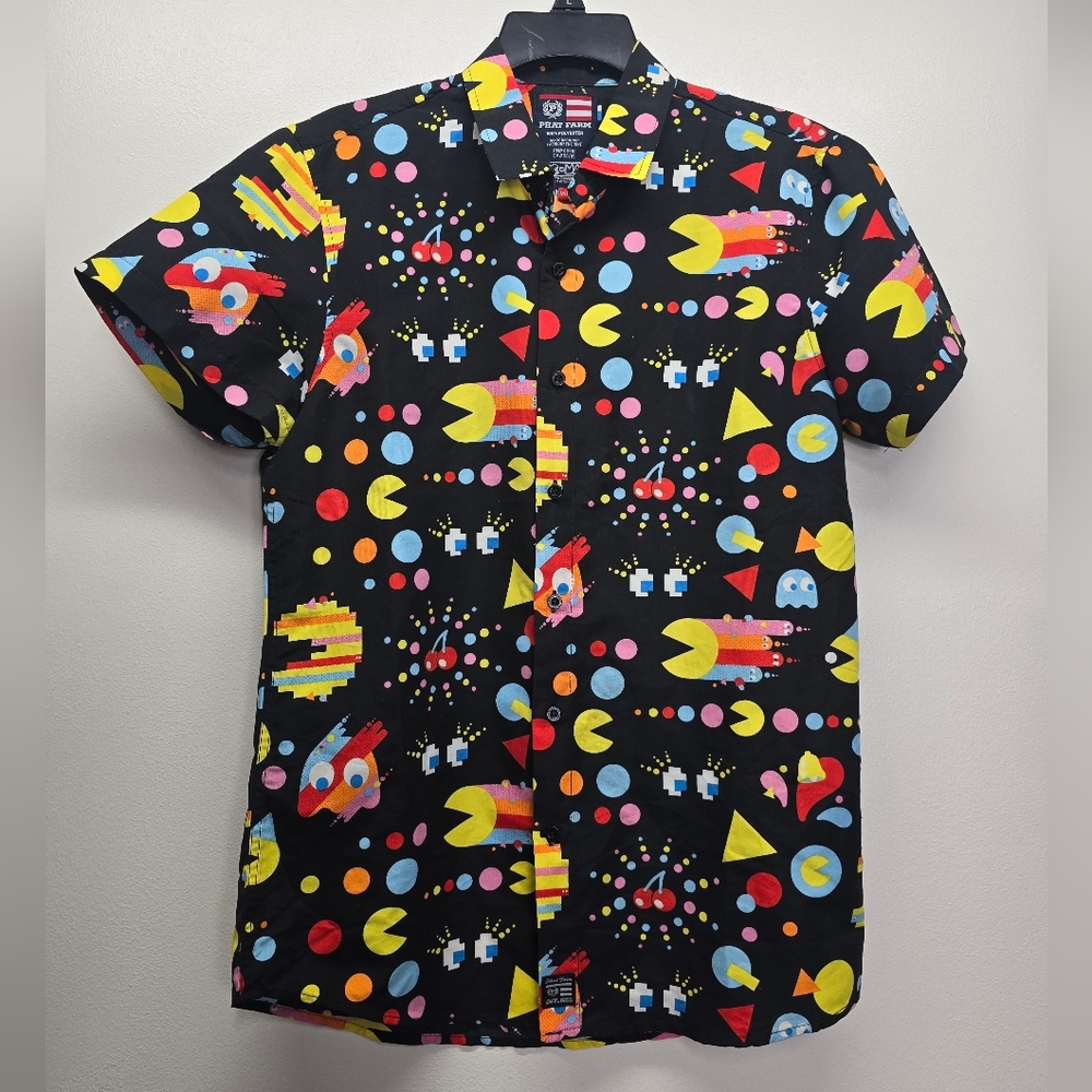 Phat Farm PACMAN Shirt Sz M 80s 90s Streetwear Gamer Hawaiian Button Up